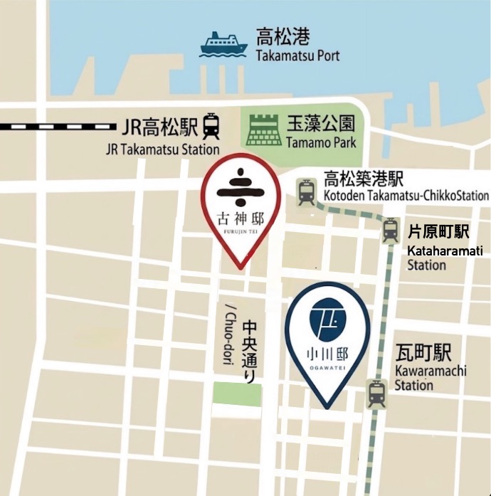 A map of central Takamatsu showing the locations of Ogawatei and Furujintei
