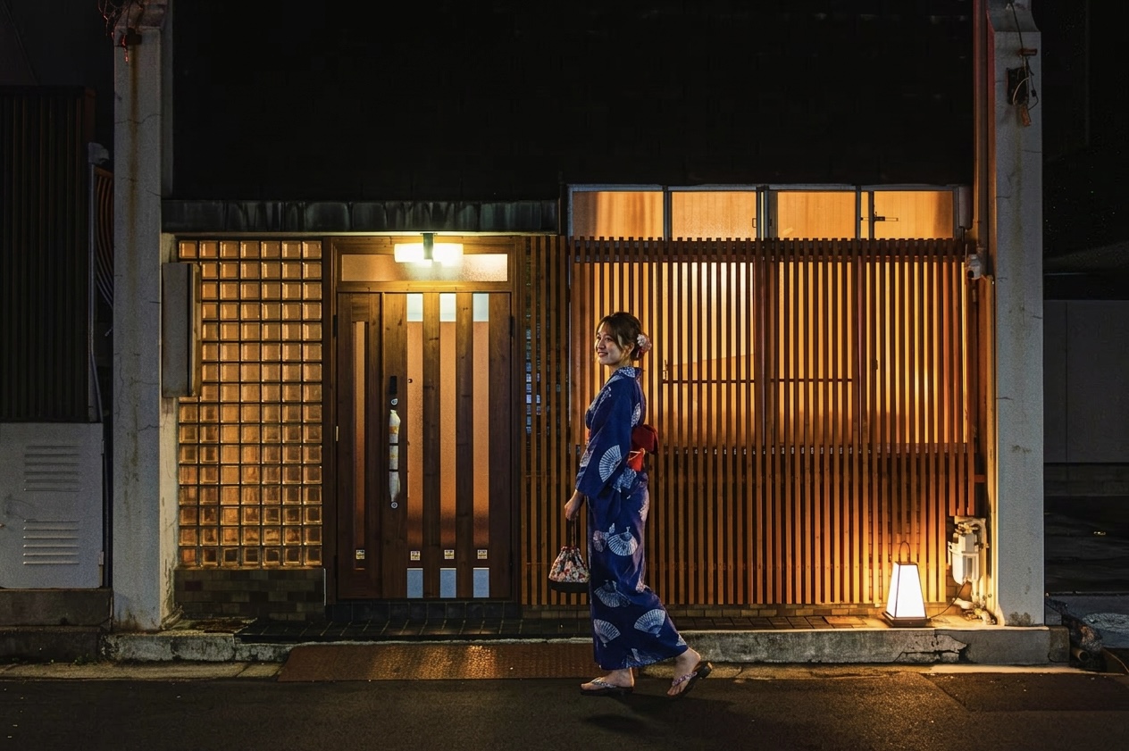 A warmly lit entrance to a traditional Japanese house at night
